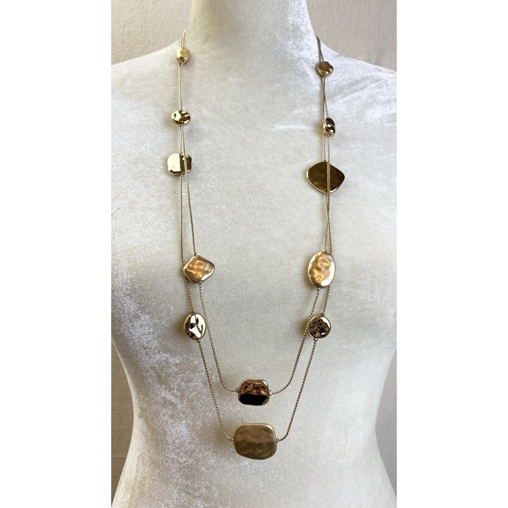 Chico’s Long Two strand Hammered Gold Tone bead Station Necklace